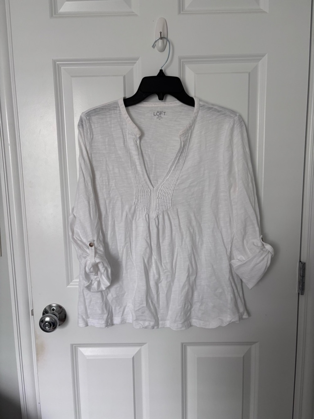 LOFT Women's White V-Neck Pintuck Peasant Top, LP